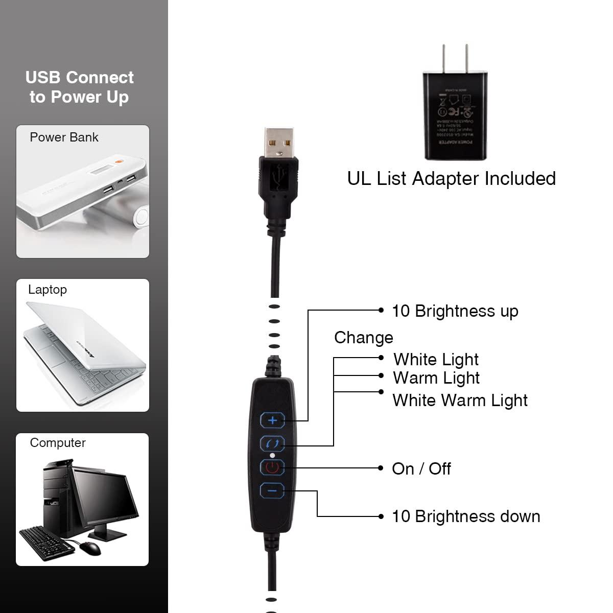 Clamp on Lamp, Clip Light, Desk Lamps with 3 Color Temperature Settings, 10 Brightness Levels, 2m USB Cord Power Supply and AC Adapter Included, Pack of 2 (Black)