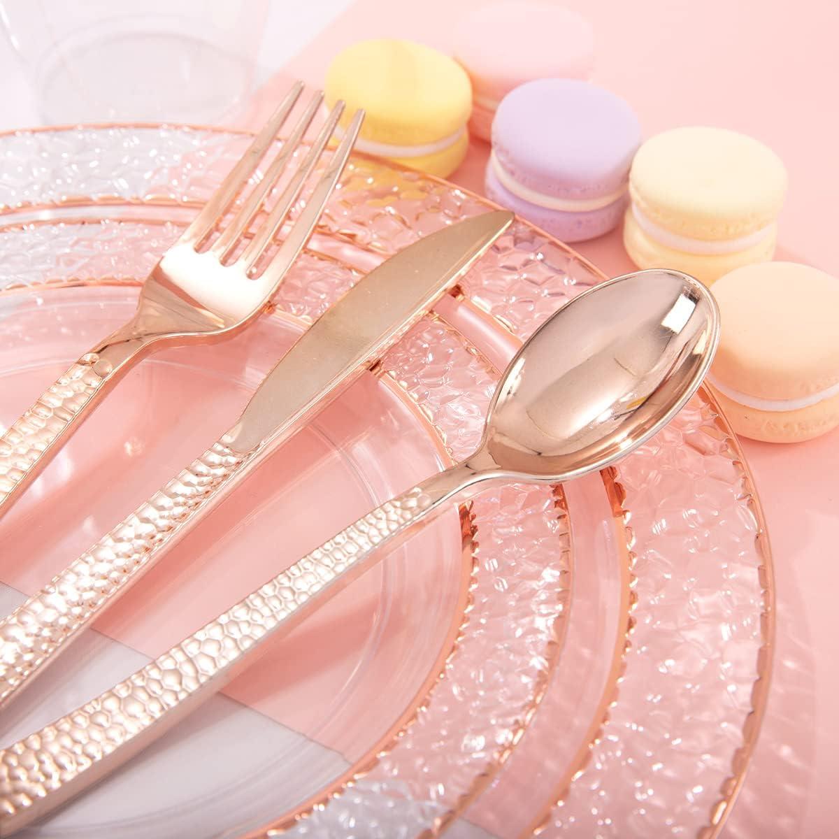 Ciaell 150PCS Rose Gold Plastic Plates – Disposable Plates with Rose Gold Plastic Silverware include 50Plates, 25Forks, 25Knives, 25Spoons, 25Cups for Wedding & Party