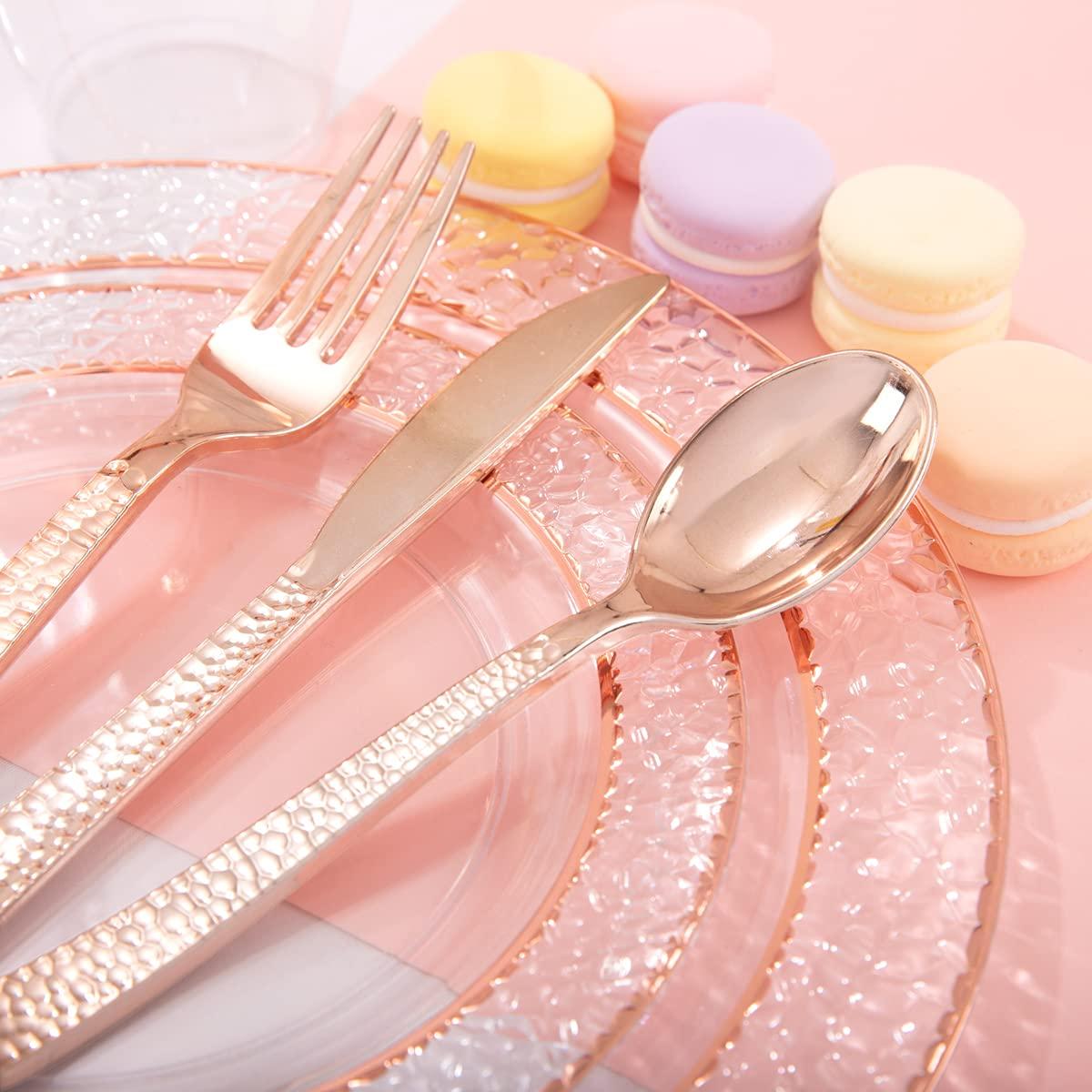 Ciaell 150PCS Rose Gold Plastic Plates – Disposable Plates with Rose Gold Plastic Silverware include 50Plates, 25Forks, 25Knives, 25Spoons, 25Cups for Wedding & Party