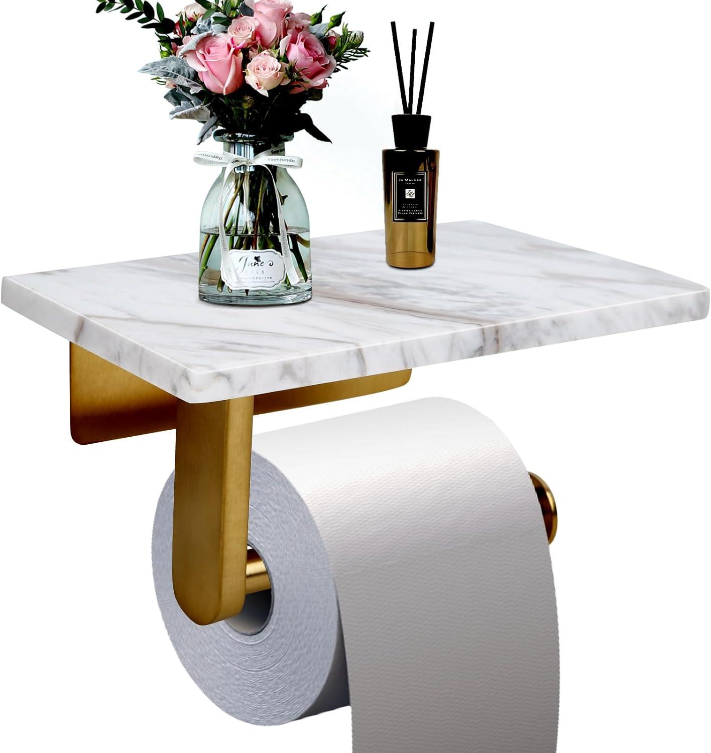 Brushed Gold Wall Mounted Toilet Paper Holder with Marble Shelf