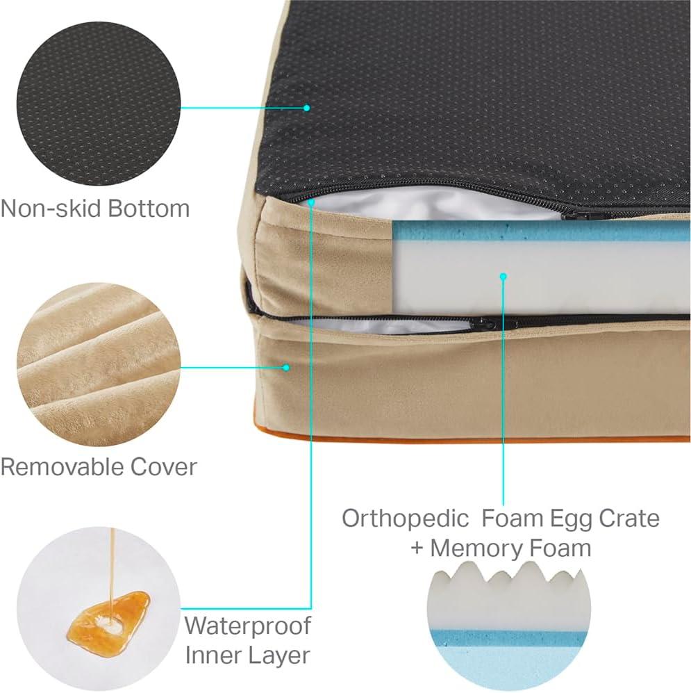 Medium Khaki Orthopedic Waterproof Dog Bed with Bolster