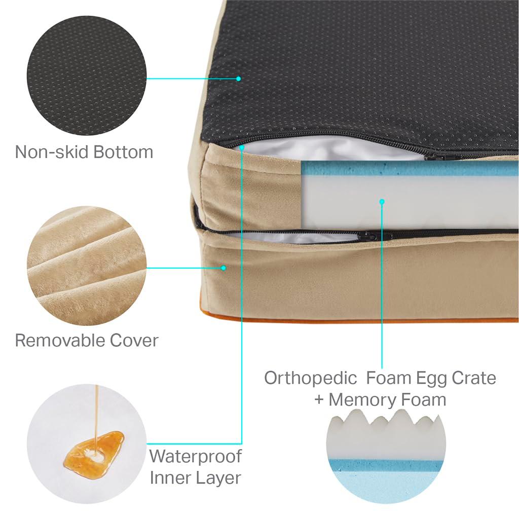 Medium Khaki Orthopedic Waterproof Dog Bed with Bolster