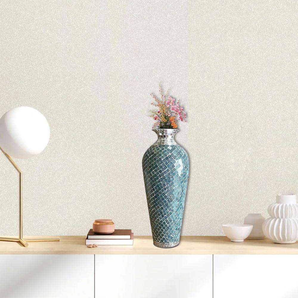 Bella Palacio Decorative Glass Mosaic Vase - 20x6" Homedecor Geometric Pattern Metal Floor Vase