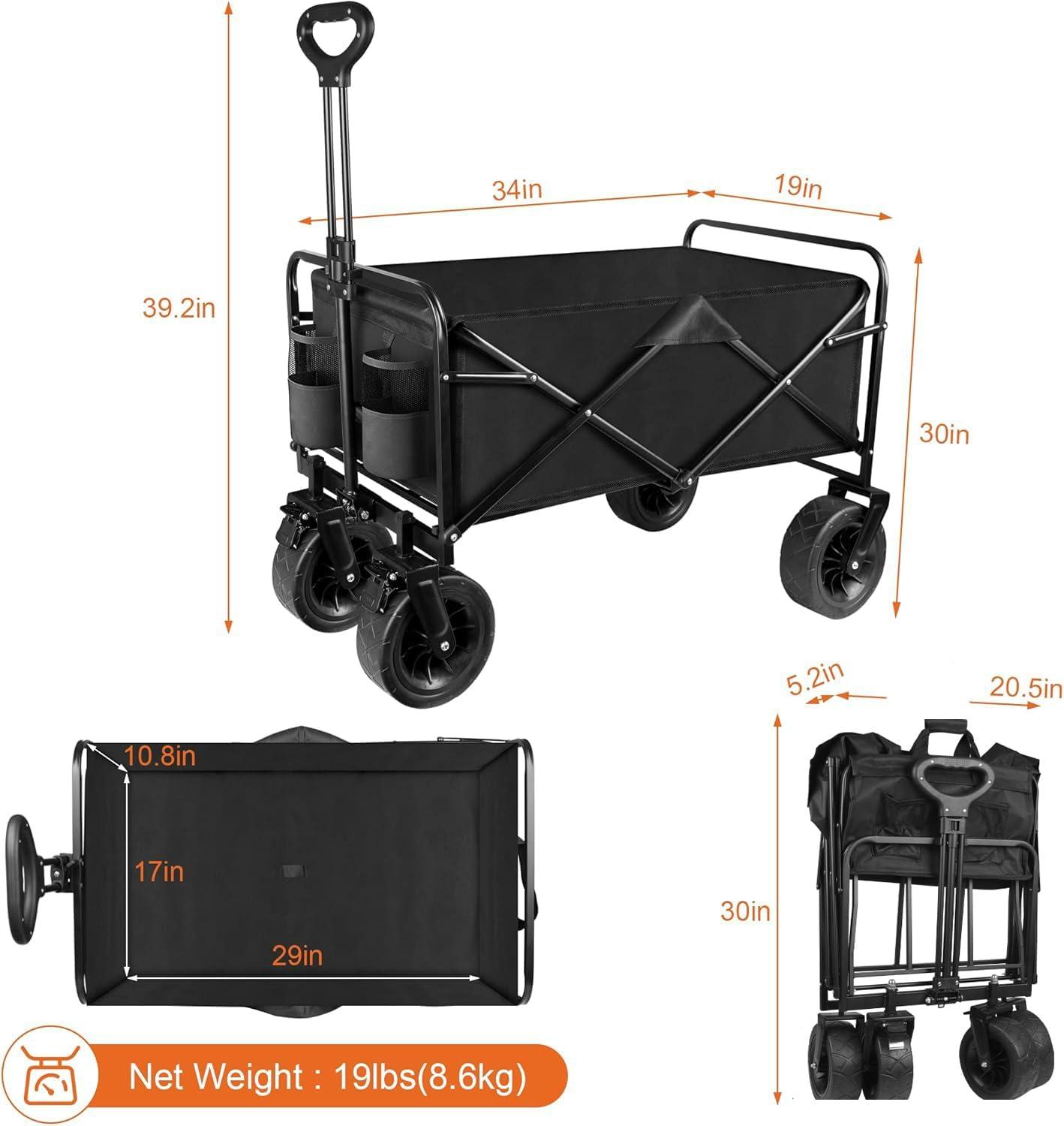 GHF Collapsible Wagon Cart, Portable Heavy Duty Large Capacity Outdoor Garden Wagon with Big All- Wheels and Drink Holders, Beach Wagon Stroller for Garden Camping Fishing Sports Shopping