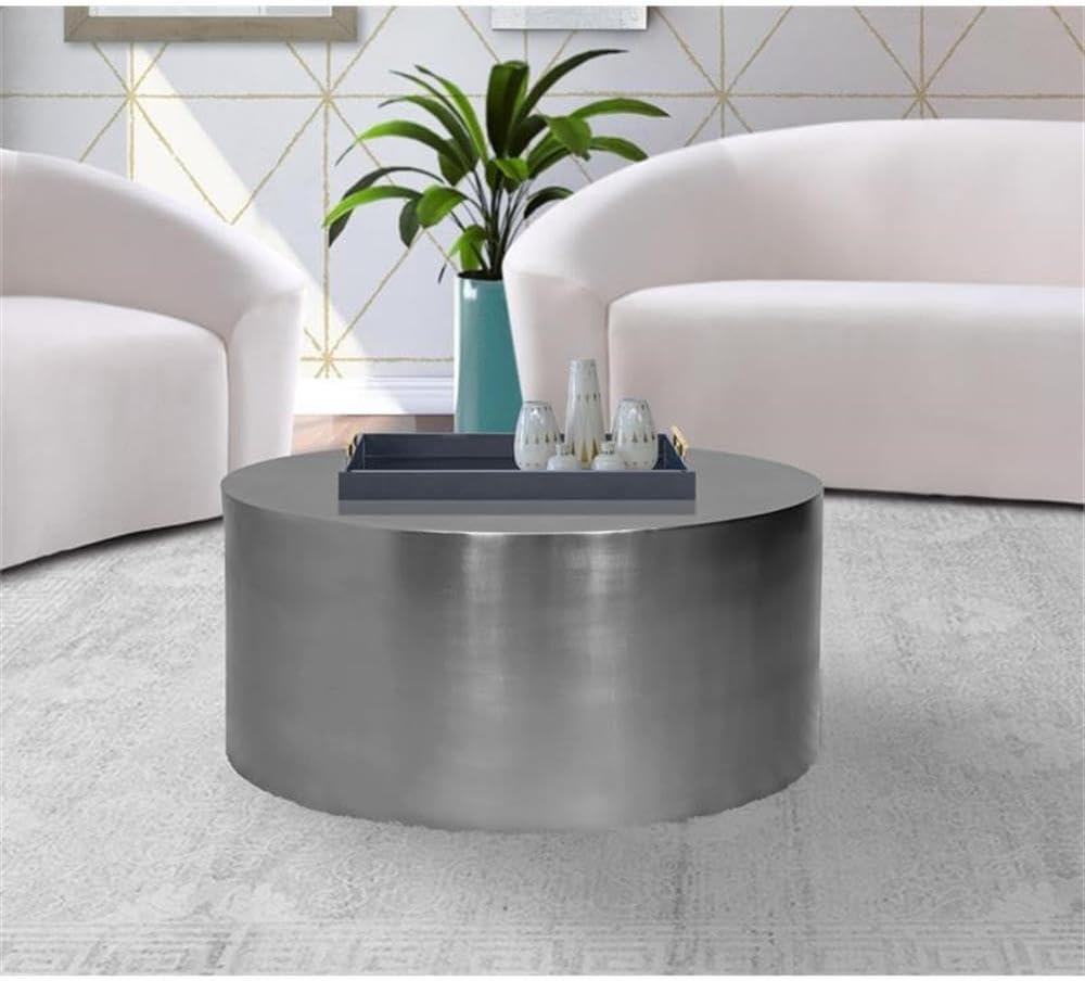 Cylinder Round Brushed Chrome Metal Coffee Table-Meridian Furniture