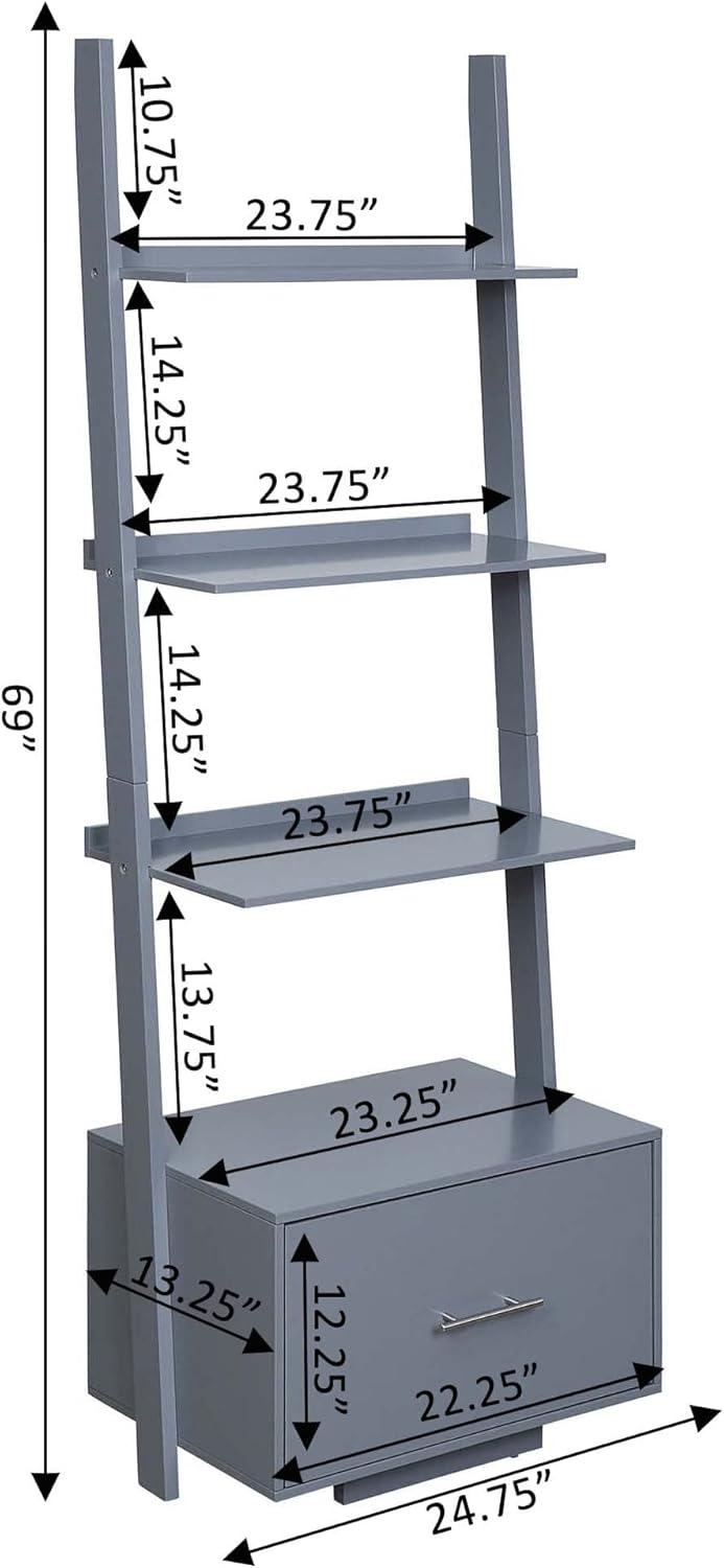 Convenience Concepts American Heritage Ladder Bookcase with File Drawer, Gray