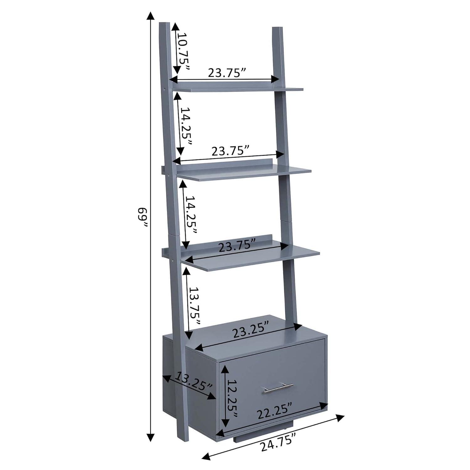 Convenience Concepts American Heritage Ladder Bookcase with File Drawer, Gray