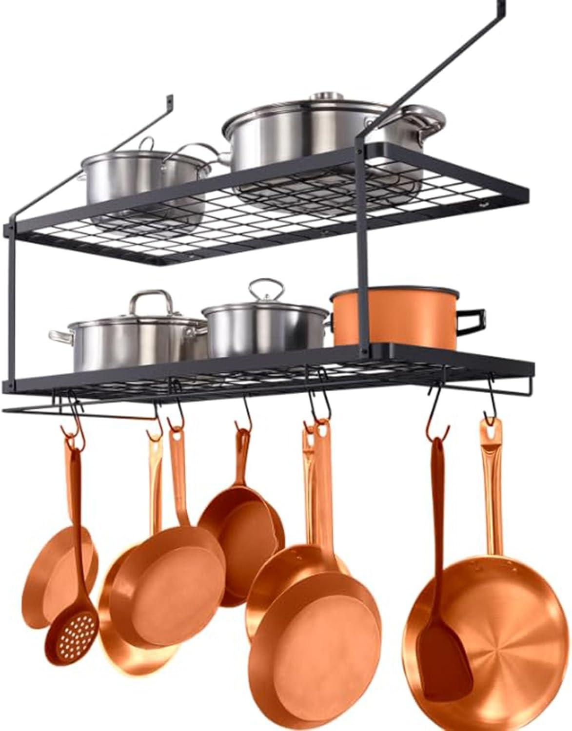 BENTISM Pot Rack Wall Mounted, 30 inch Pot and Pan Hanging Rack, Pot and Pan Hanger with 12 S Hooks, 55 lbs Loading Weight, Ideal for Pans, Utensils, Cookware in Kitchen