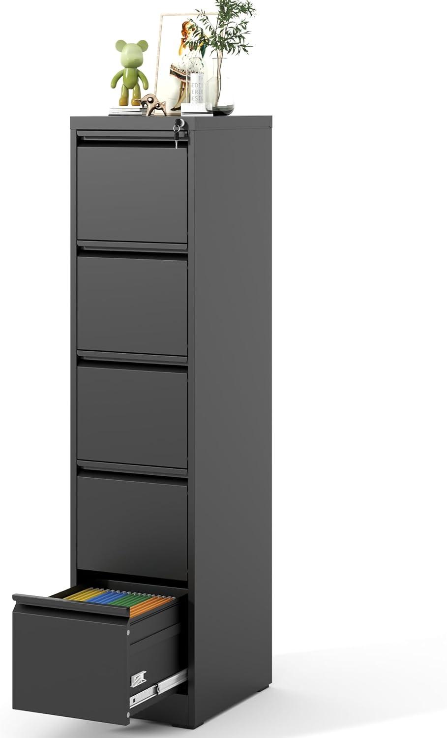 Yiyuanjin 5 Drawer Vertical Metal File Cabinet with Lock for A4 Legal/Letter Size, Black