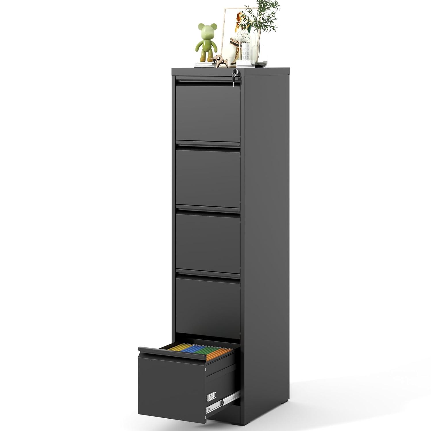 Yiyuanjin 5 Drawer Vertical Metal File Cabinet with Lock for A4 Legal/Letter Size, Black