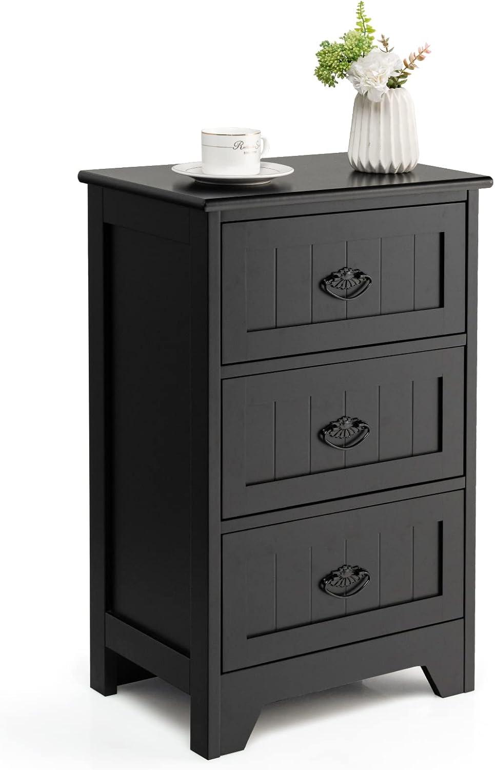 Gymax End Table Nightstand Bedroom Storage w/ 3 Drawers & Wood Slide White