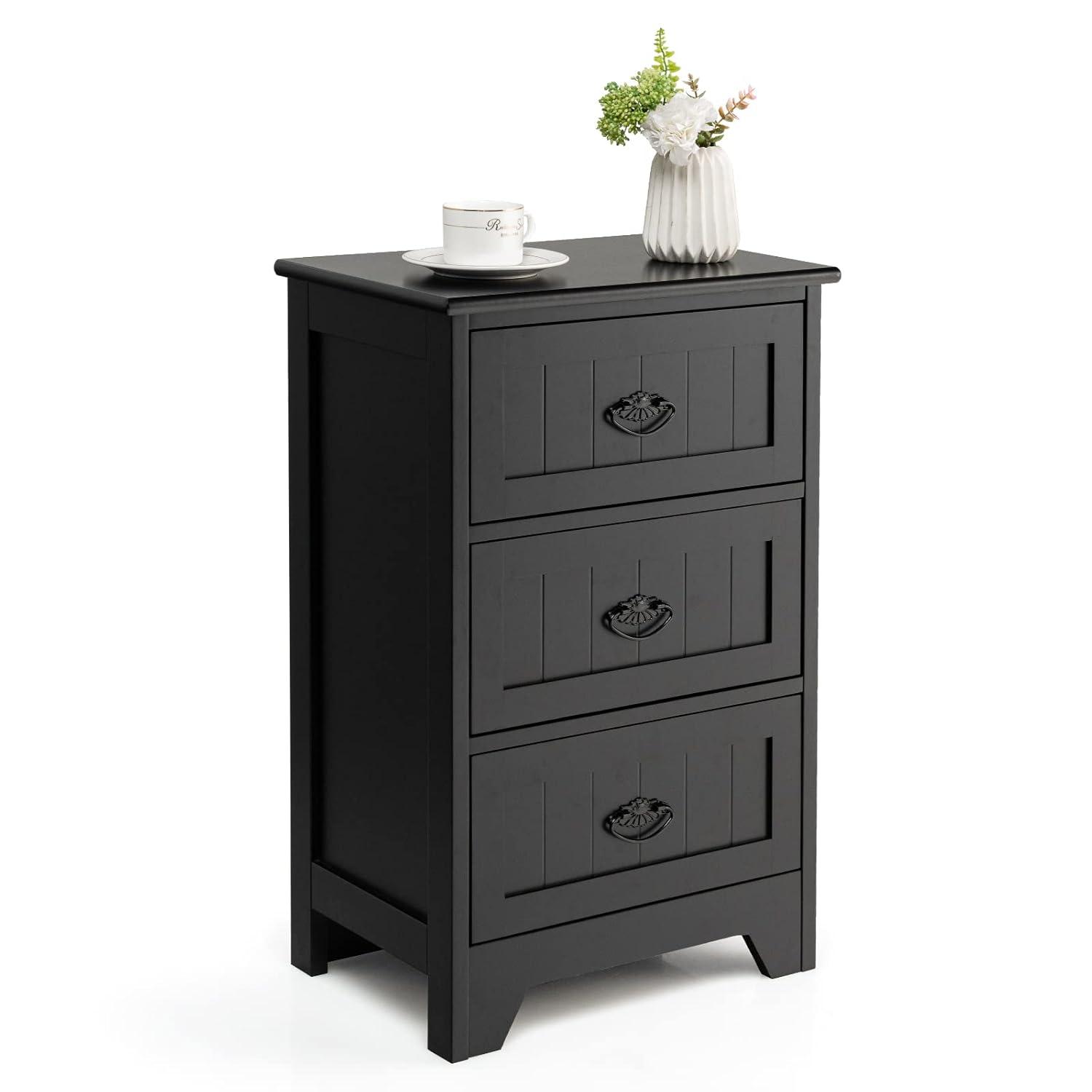 Gymax End Table Nightstand Bedroom Storage w/ 3 Drawers & Wood Slide White