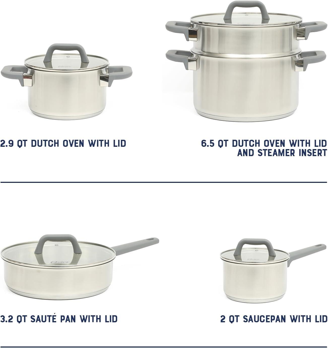 Oster Beauford 9 Piece Stainless Steel Non-Toxic Pots and Pans Cookware Set W/ Tri-Ply Encapsulated Bottom & Soft Touch Handles