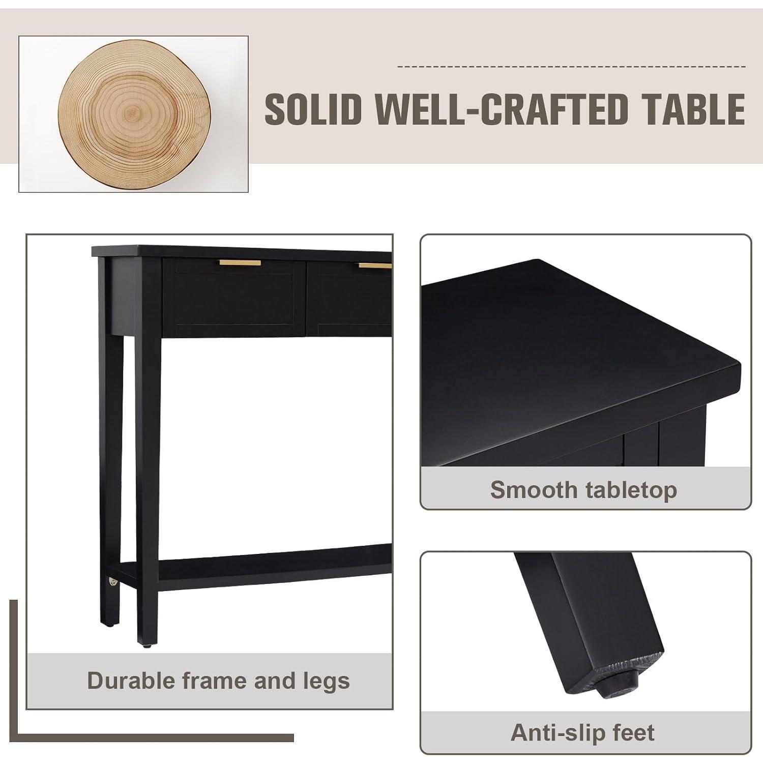 Kinfant Morden Console Table with Drawers, Narrow Sofa Table with Storage Shelf for Living Room, Entryway, Hallway, Black