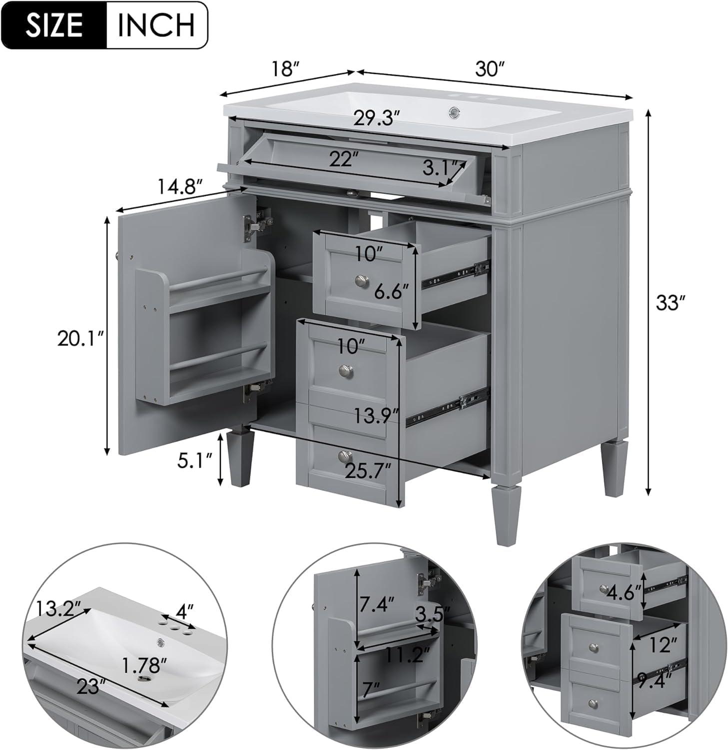 Bathroom Vanity with Top Sink, Tip-out Drawer, 30’’ Solid Wood + MDF Single Bathroom Storage Cabinet with Sink Combo Set, Grey