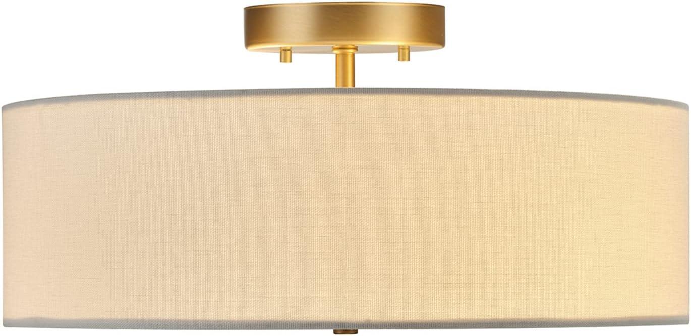 Globe Electric Kyle 2-Light Matte Brass Flush Mount Ceiling Light with White Linen Shade, 60998