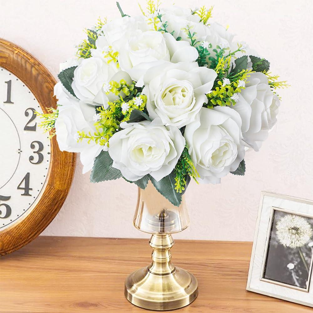 Nuptio Set of 10 White Rose Artificial Flower Kissing ball, 15 Heads Fake Peony Silk Flowers Bouquet for Centerpiece Wedding Birthday Party Home Table Decor
