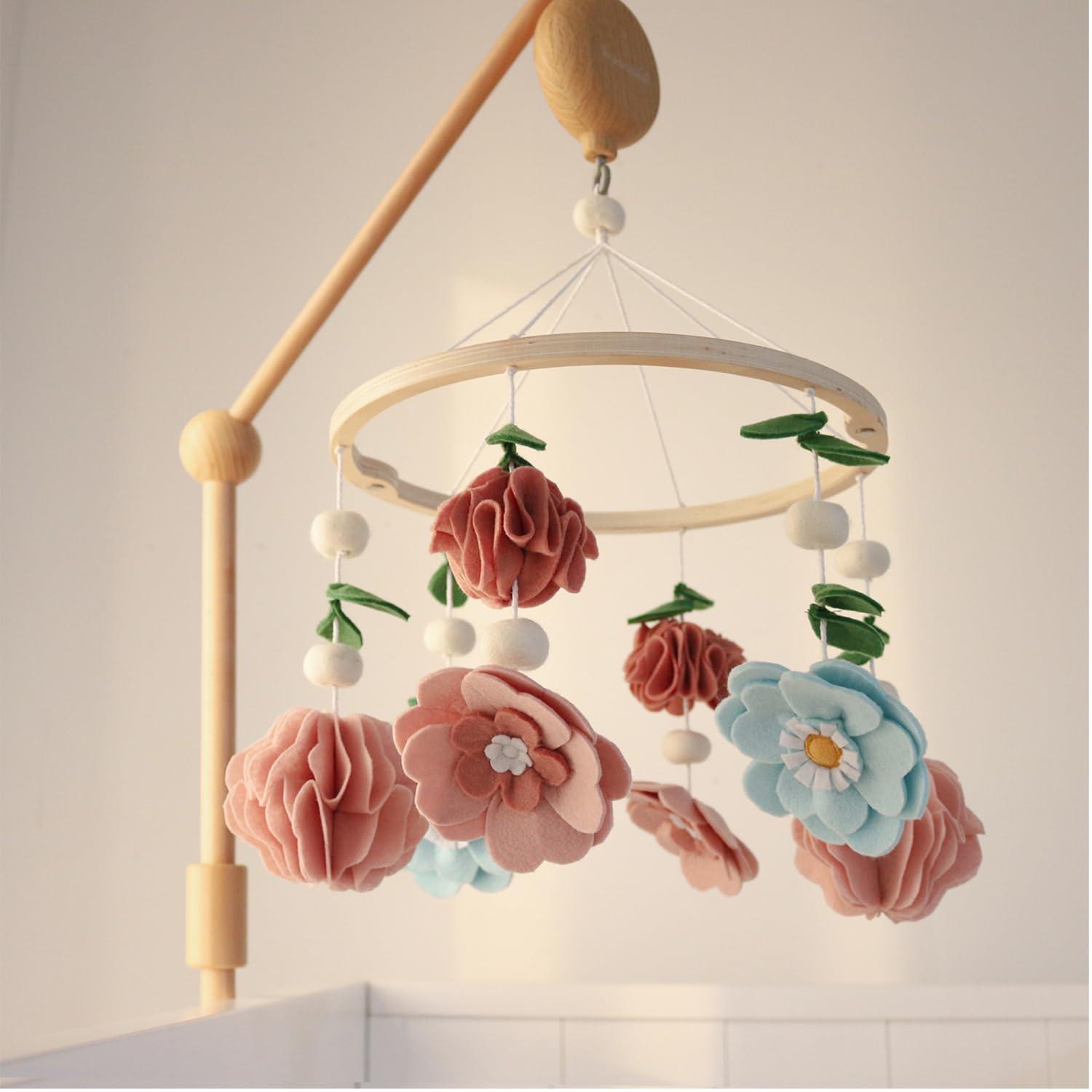 The Peanutshell Deluxe Wooden Crib Mobile Set with Arm, Music Box and Wildflower Baby Mobile, Pink