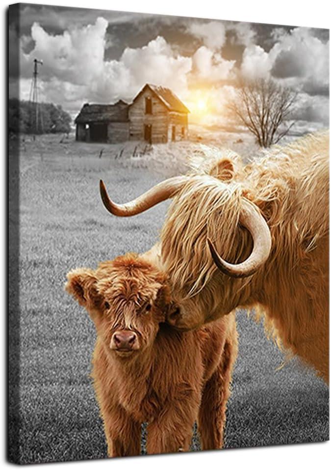 JEUXUS Highland Cow Wall Art, Cow Pictures Wall Decor, Rustic Black and White Funny Highland Cow Wall Art Canvas Poster, 20x16in Framed Ready to Hang, Farmhouse Longhorn Canvas Wall Art Decor