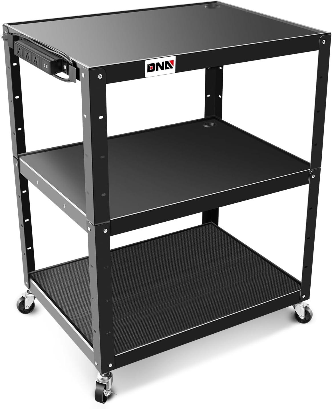 DNA Motoring TOOLS-00137 35" x 25" x 42" Steel Height Adjustable 3-Layer Media Rolling AV Cart With Power Strip +Locking Casters