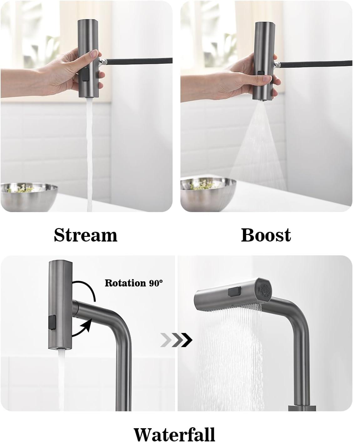 Lefton Pull-Out Waterfall Kitchen Faucet with Temperature Display, Two Water Outlet Modes, Single Hole, Grey, KF2209-2