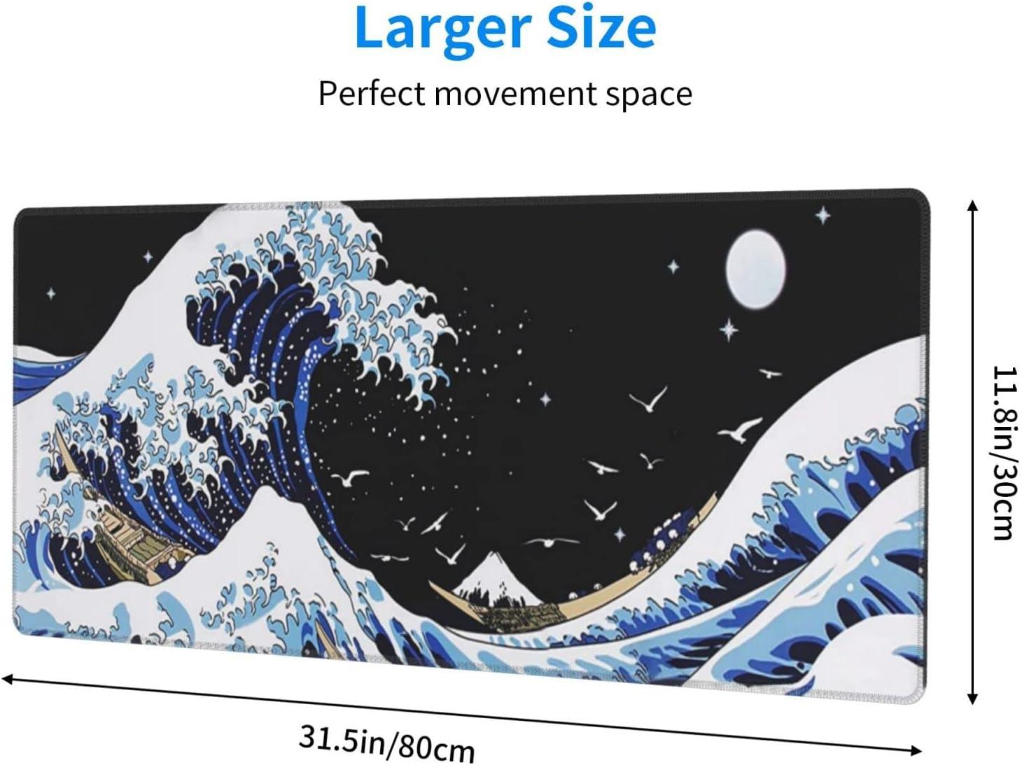 Japanese Blue and Black Sea Wave Mouse Pad Abstract Blue Desk Mat 31.5x11.8 Inch Sea Wave Texture Non-Slip Rubber Base Wave Mousepad Stitched Edges Keyboard Mouse Mat Desk Pad for Office Home Game