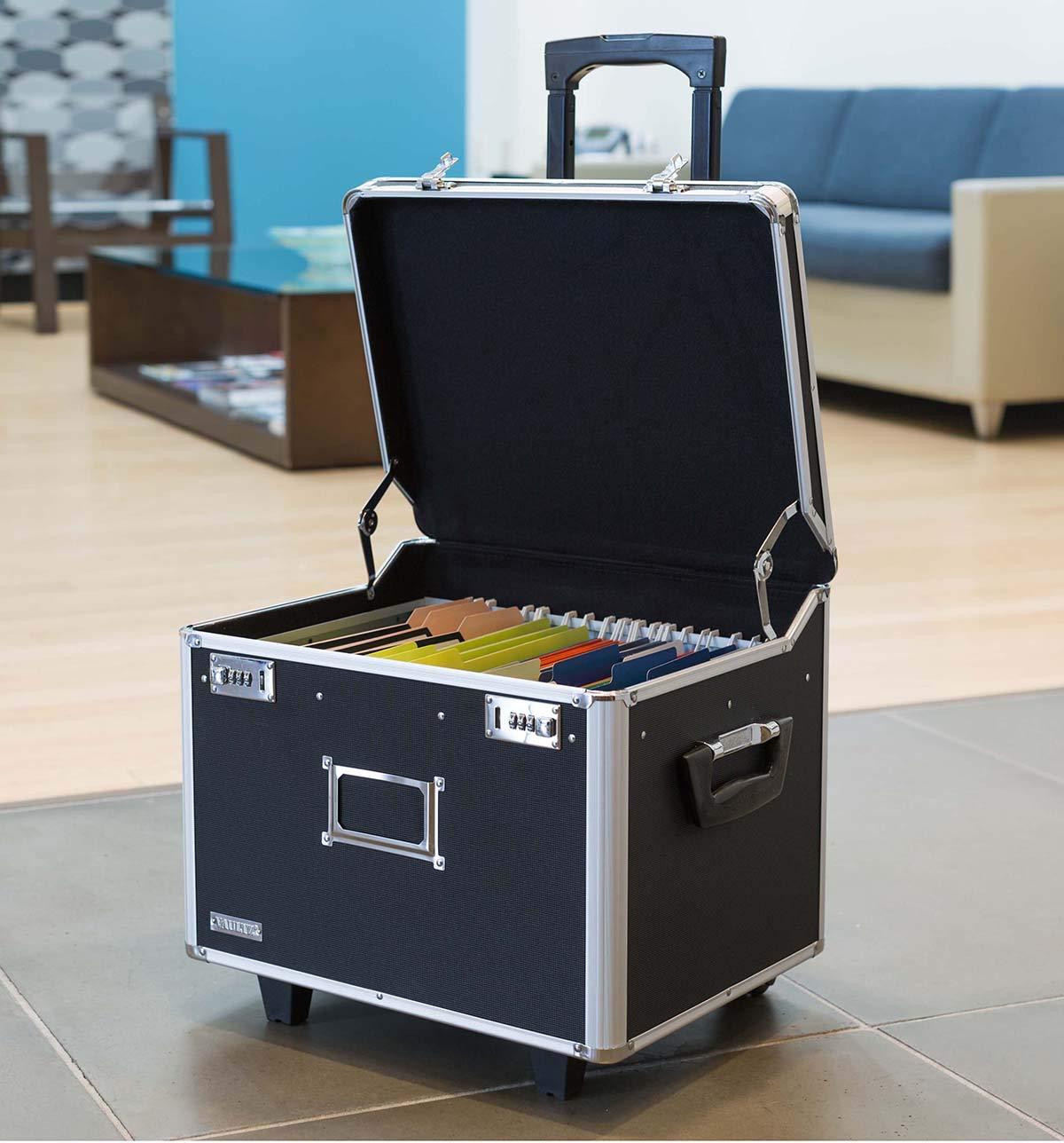 Vaultz Locking Mobile Rolling File Storage Chest, Letter/Legal Wheelie Case, Black/White Stripes