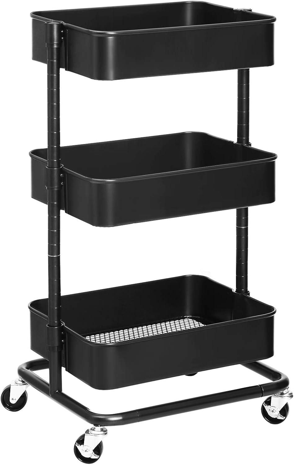 Black 3-Tier Metal Rolling Kitchen Cart with Adjustable Shelves