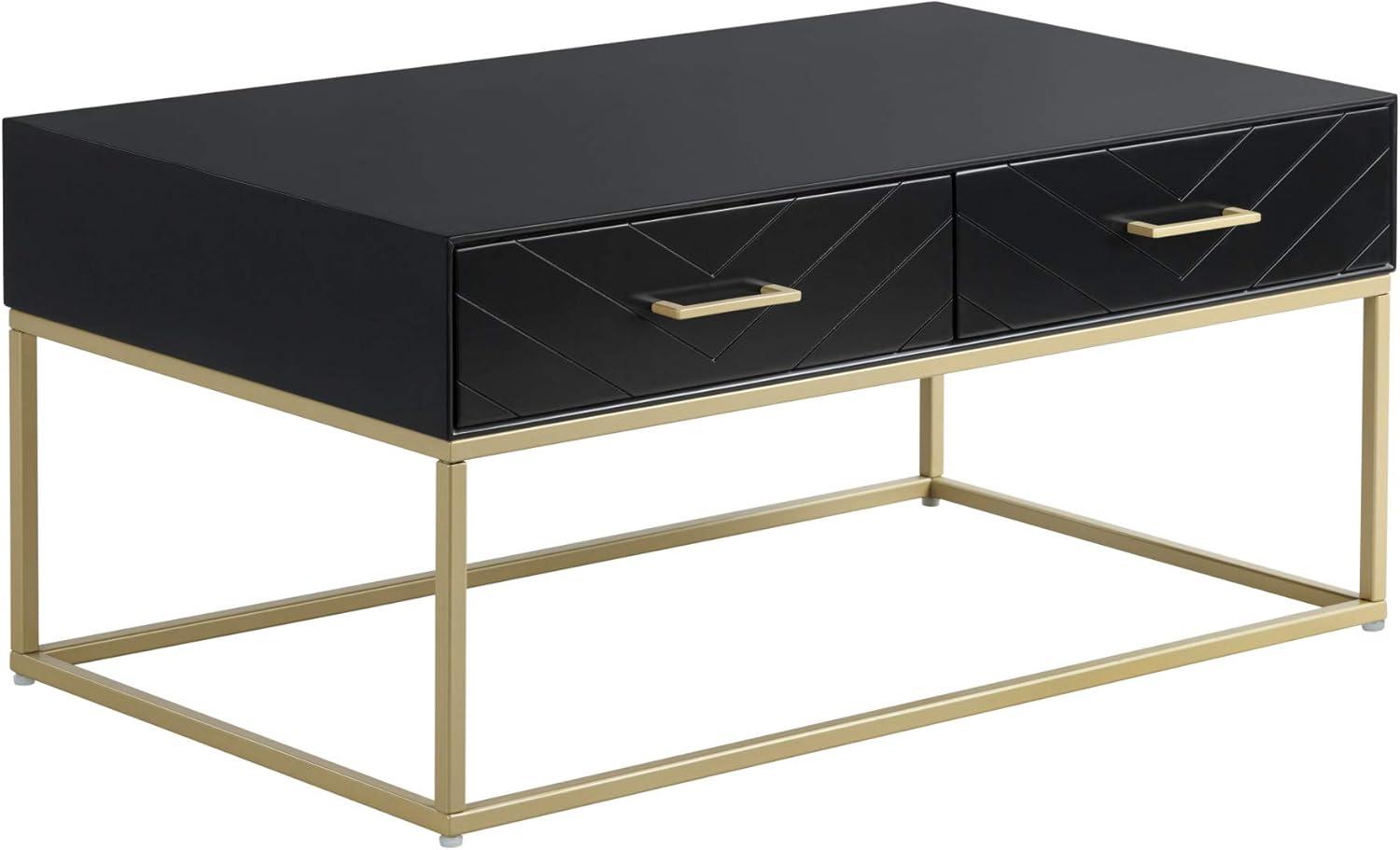 Tommy Hilfiger Ellias Modern Coffee Table with Two Drawers, Glossy Black Top, Golden Metal Frame