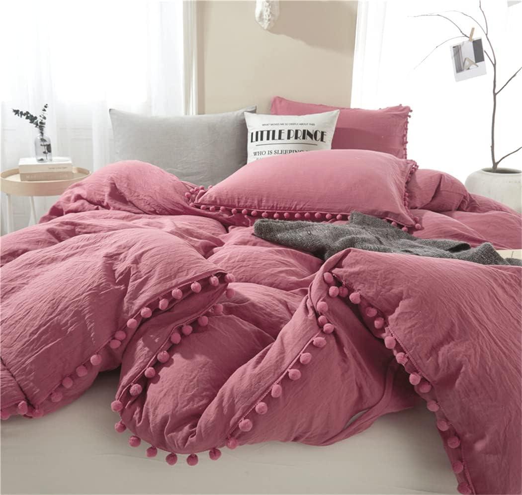 IHOUSTRIY Duvet Cover King Size,100% Washed Microfiber 3pcs Bedding Duvet Cover Set, Pom Poms Fringe Solid Color Soft and Breathable with Zipper Closure & Corner Ties (Dusty Rose, King)