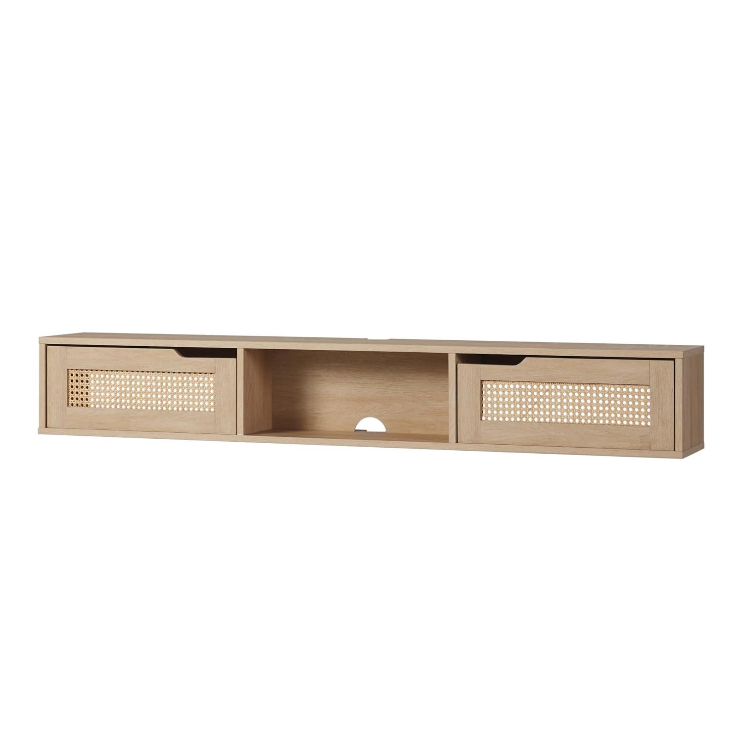 Walker Edison Modern Floating Rattan-Door TV Stand for TVs up to 65”, Coastal Oak