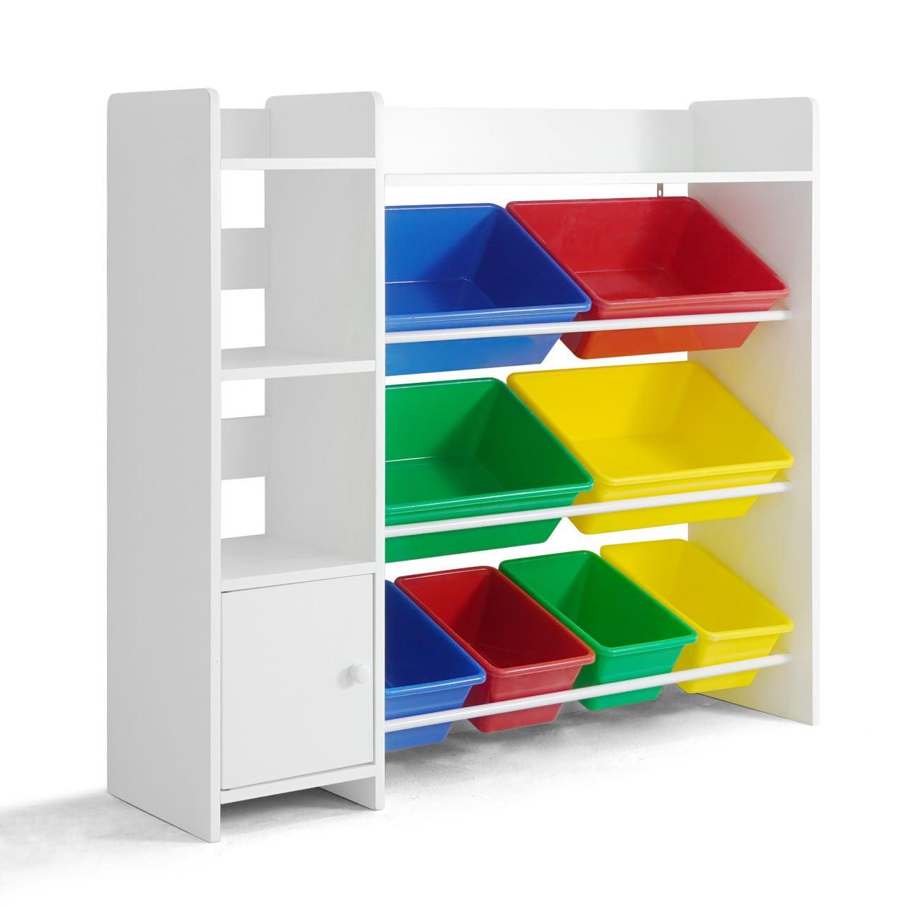 Sturdis Toy Storage Organizer with Bookshelf, Kids Playroom Organization Shelving Unit with Removable Colorful Storage Bins & Anti-Tip Bracket, White