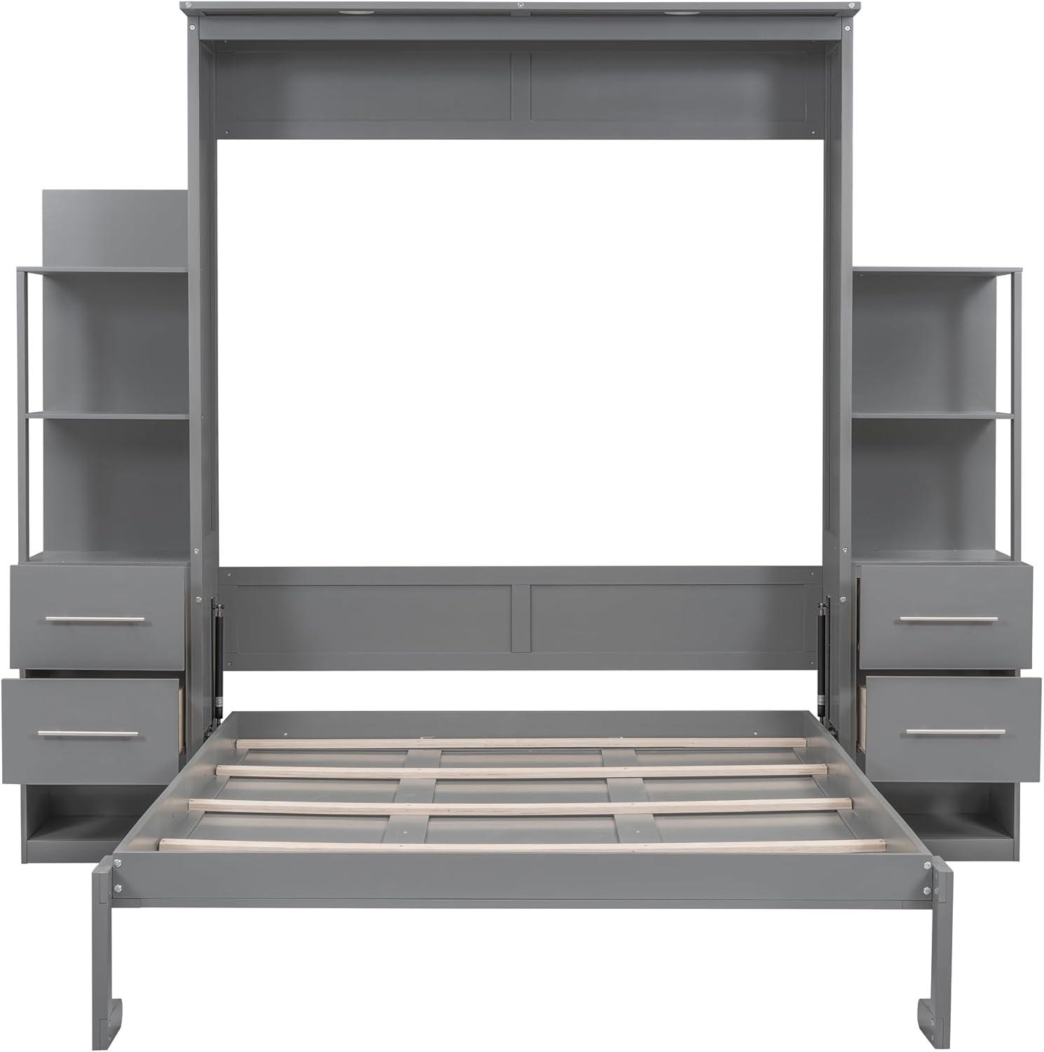 Gray Queen Size Murphy Bed with Shelves and Drawers