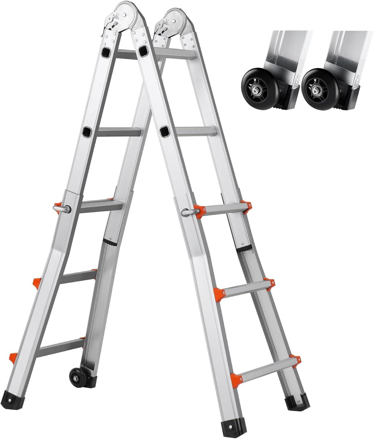 Compact Aluminum Telescopic A-Frame Ladder with Wheels
