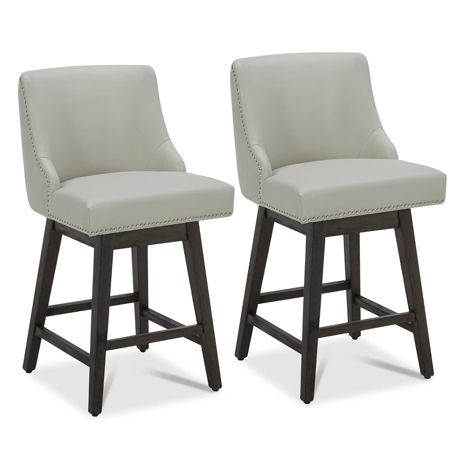 CHITA 26 inch Faux Leather Swivel Upholstered Counter Height Bar Stools with Full Back, Set of 2, Creamy Gray