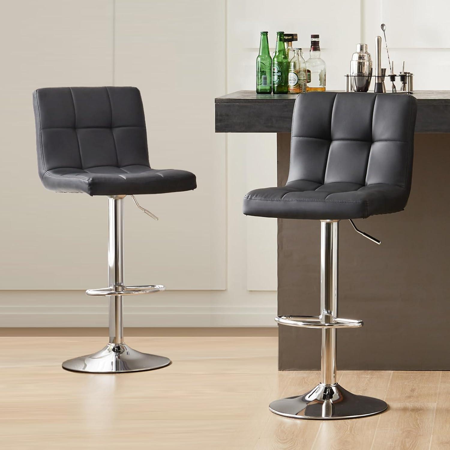 Black Adjustable Swivel Leather Bar Stools with Metal Base, Set of 2