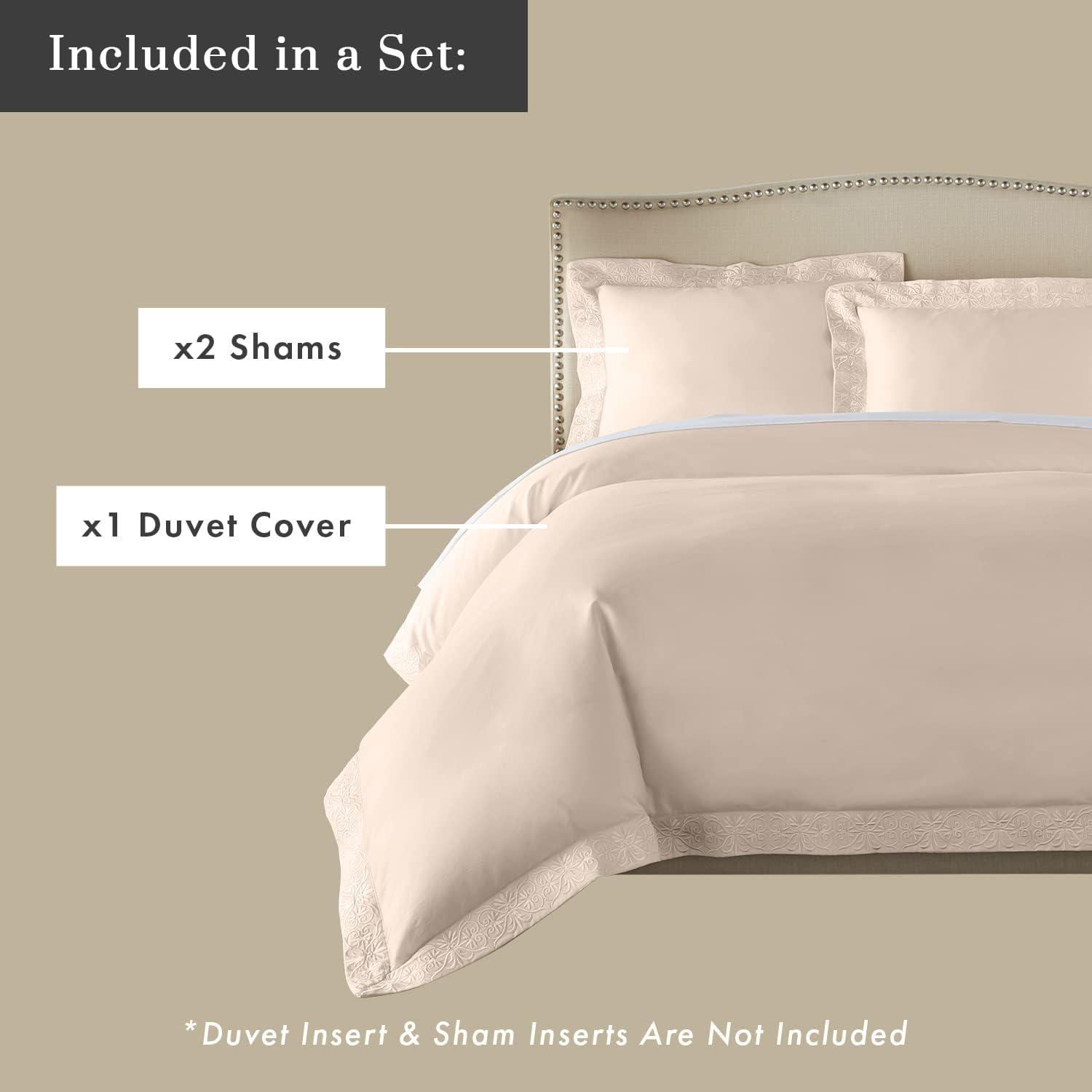 Luxury High End Embroidered Duvet Cover Set, 100% Certified Egyptian Cotton, Cool, Breathable, Ultra Soft, Sateen Weave, Hidden Zipper Closure, Comforter Cover 2 Pillow Shams (Soft Peach, King)