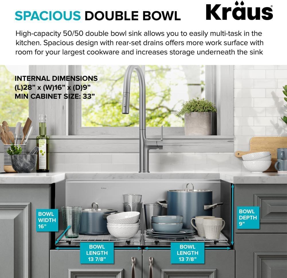 KRAUS Kore™ 30" L Drop-In Workstation 16 Gauge Stainless Steel Double Bowl Kitchen Sink with Accessories