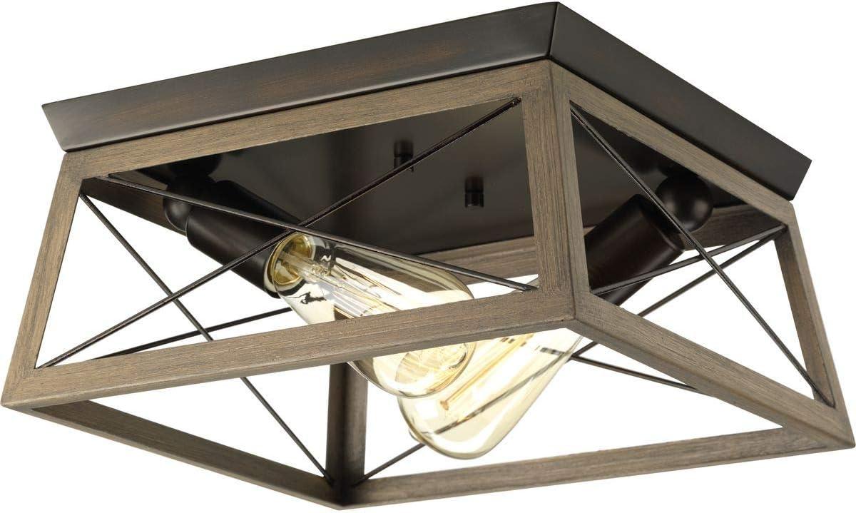 Progress Lighting Briarwood 2-Light Flush Mount, Antique Bronze, Faux-Painted Wood Enclosure, Canopy Included