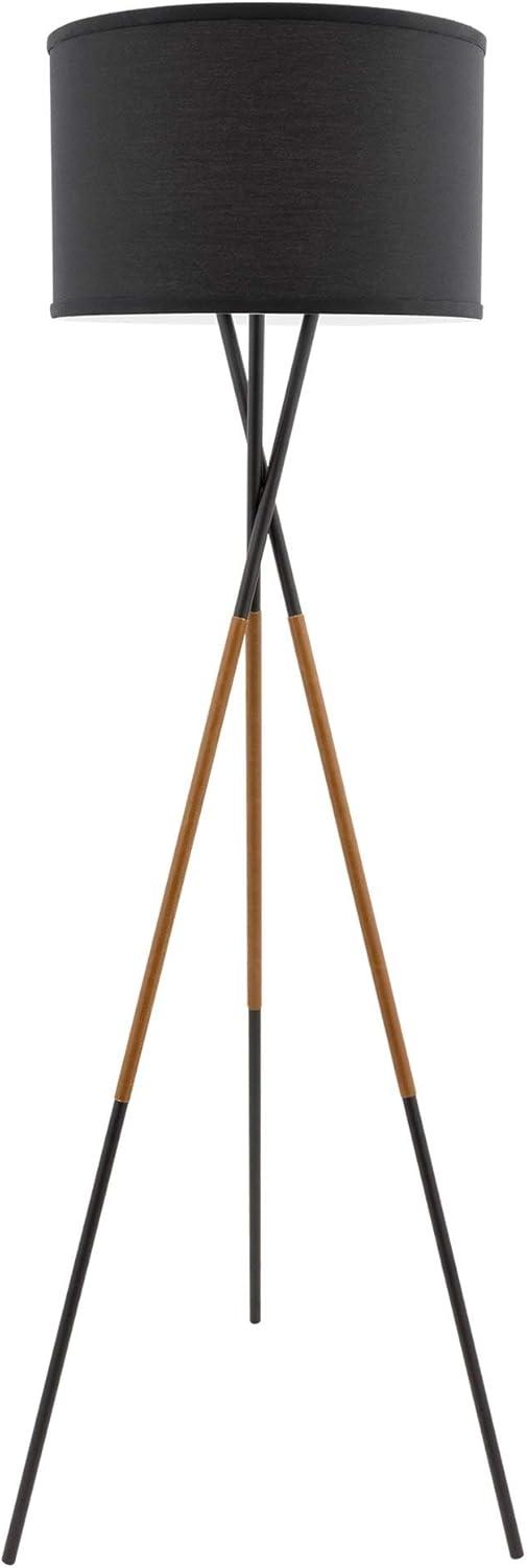 Black Tripod Floor Lamp with Fabric Shade and Faux Leather Accents