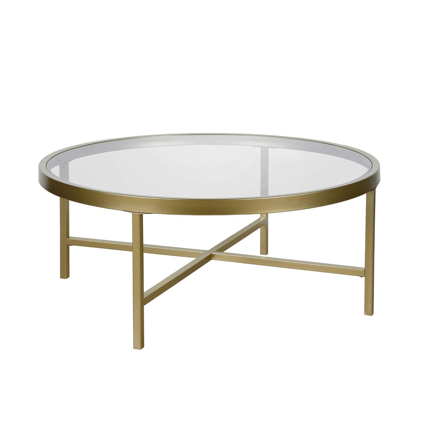 Evelyn&Zoe Round Metal Base Coffee Table in Brass and Gold
