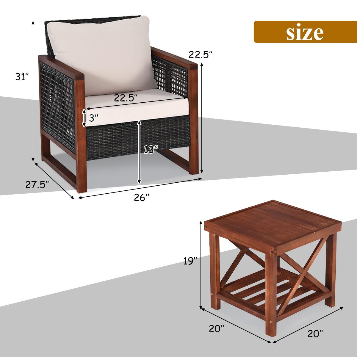 Tangkula 3-Piece Patio Rattan Wicker Bistro Set Acacia Wood Frame Sofa and Side Table