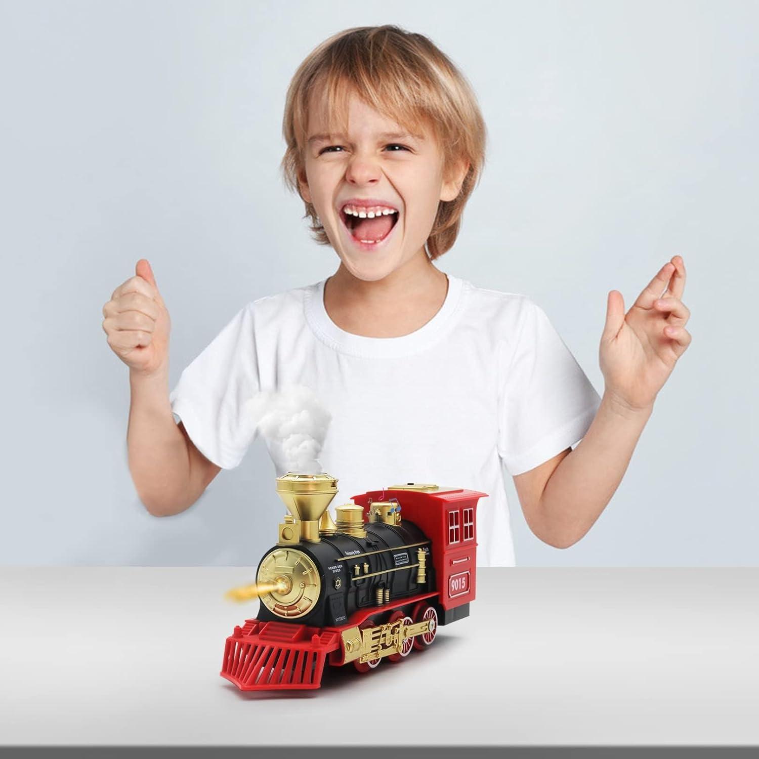 Red and Black Steam Locomotive Toy with Smoke and Lights