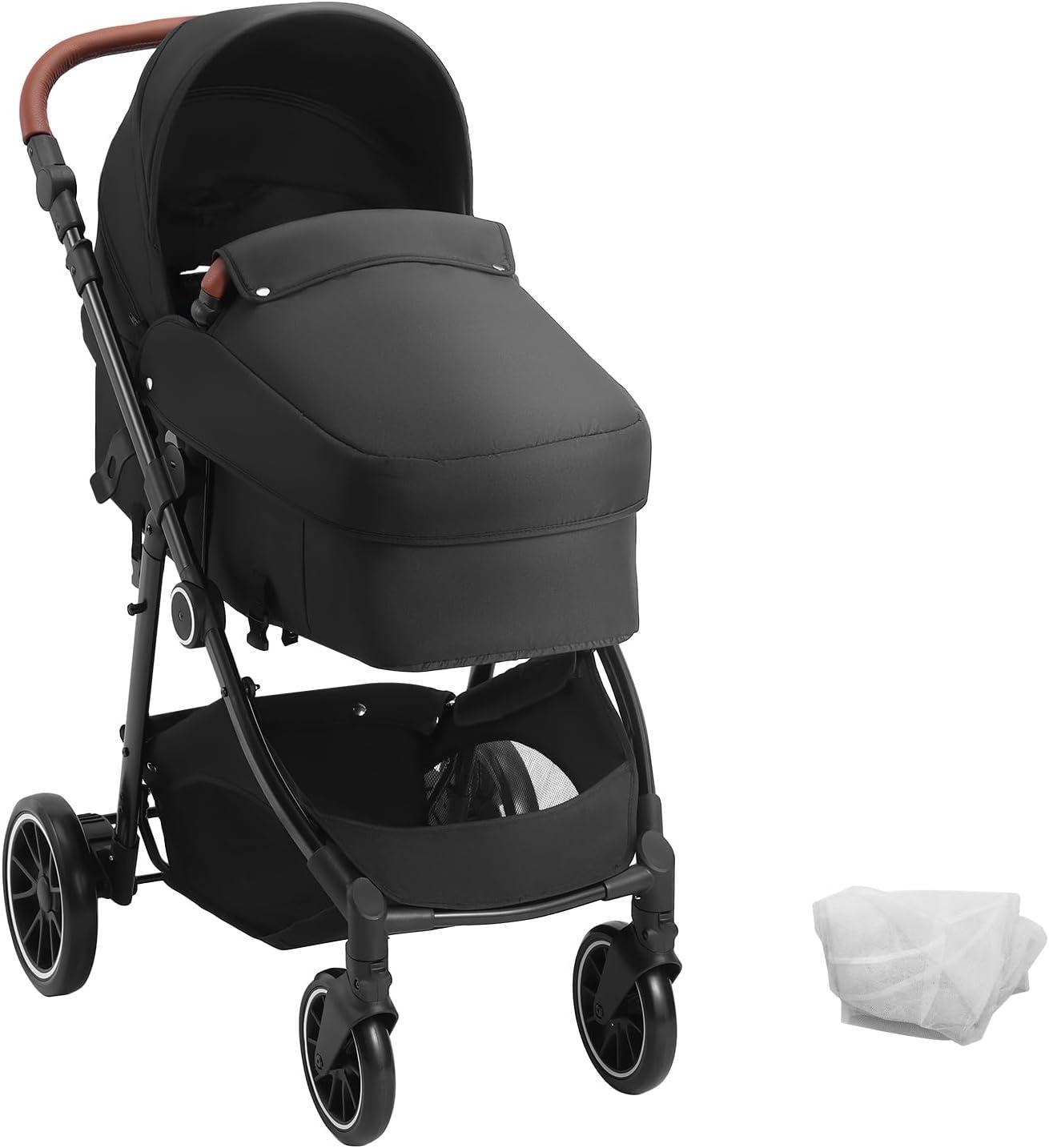VEVOR Standard Baby Stroller, Infant Toddler Stroller with Bassinet, 3rd-Gear Adjustable Backrest & Foldable & Reversible Seat, Carbon Steel Newborn Stroller with Leg Cover and Mesh Net, Black