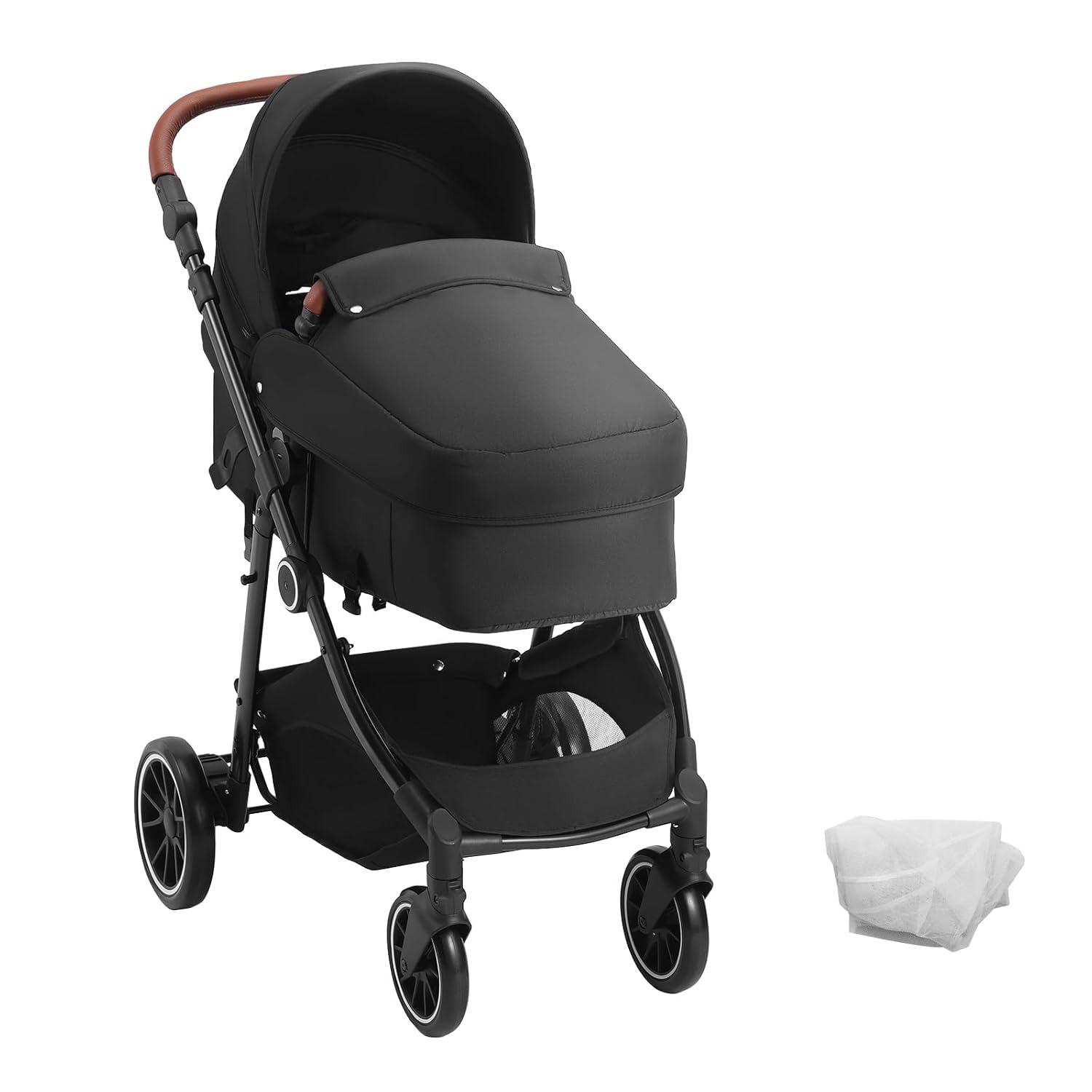 Gray All-Terrain Steel Frame Bassinet Stroller with Adjustable Backrest