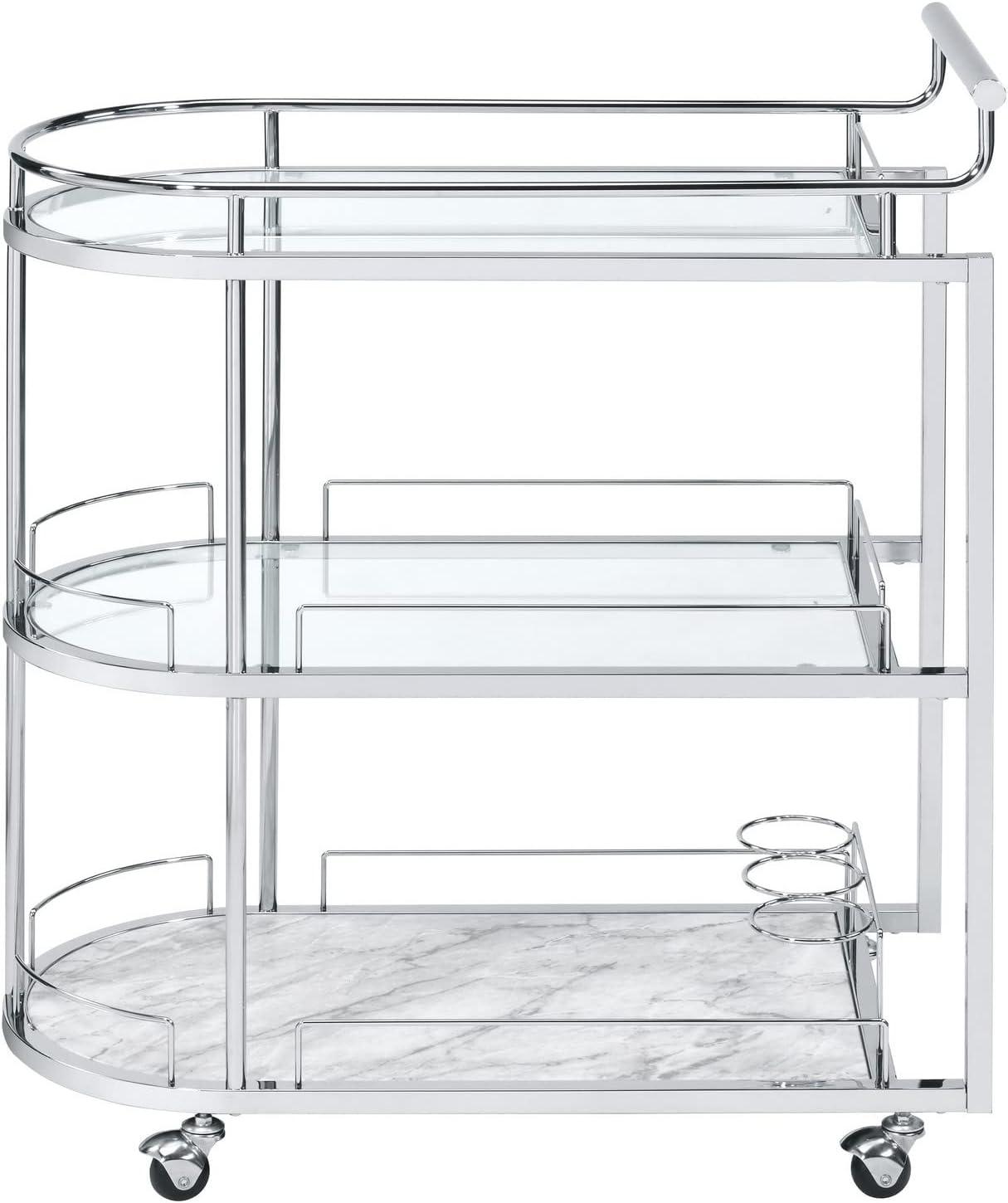 Serving Cart with Oval Shape and Metal Bar Handle Silver