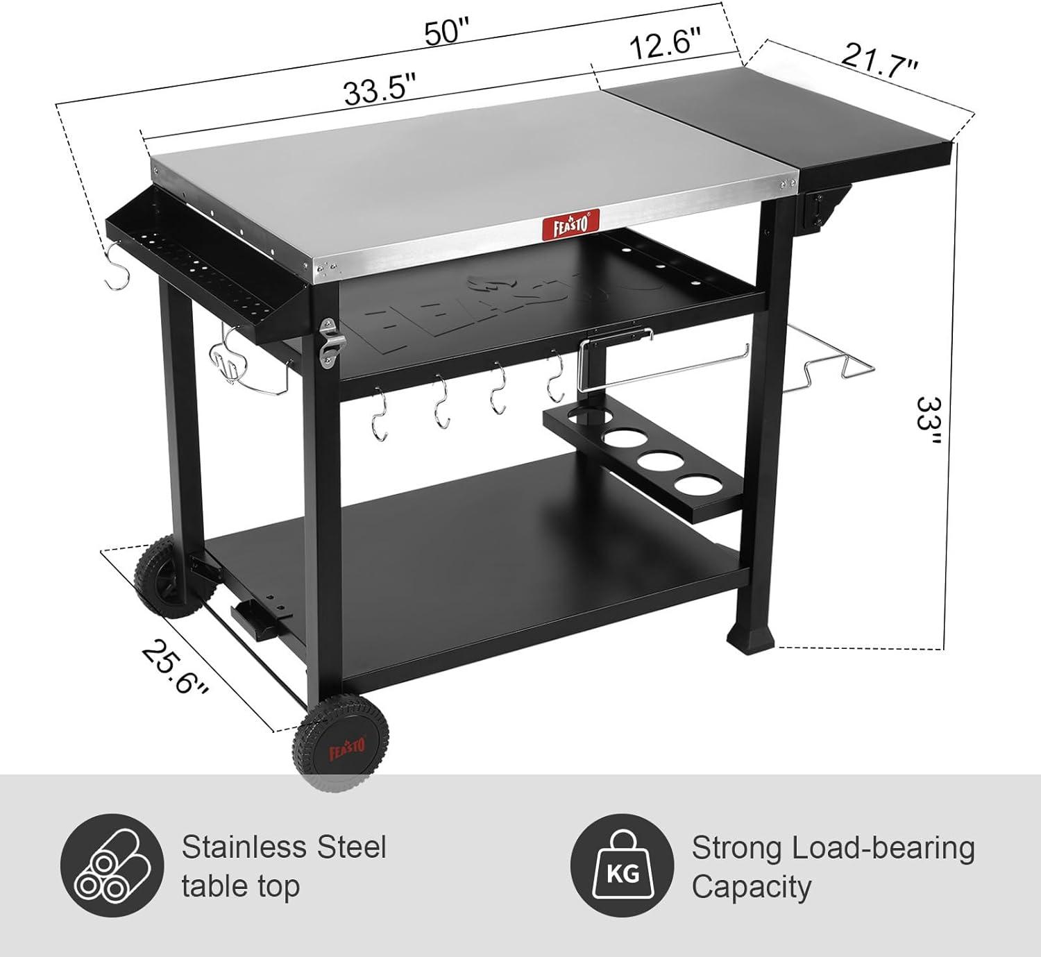 50 in. Three-Shelf Stainless Outdoor Movable Food Prep Grill Cart Table with Fordable Side Table