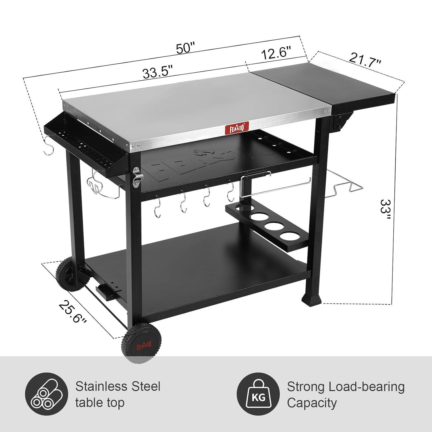 Feasto 3-Tier Stainless Steel Grill Cart - 40" Outdoor Pizza Oven Stand with Wheels, Mobile Kitchen Island for BBQ & Food Prep