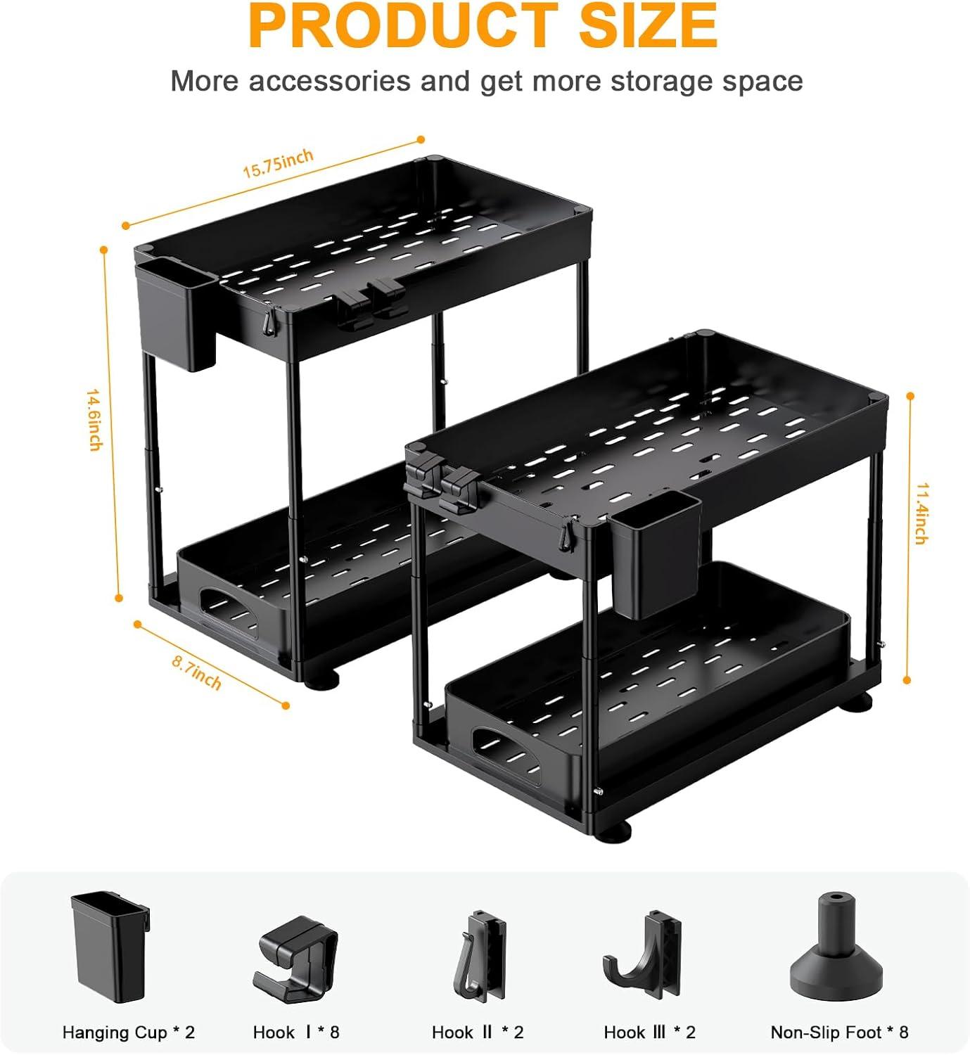 Rebrilliant Under Sink Organizers And Storage, 2 Pack Height Adjustable Bathroom Cabinet Organizer, 2 Tier Sliding Under Sink Organizer, Sturdy Pull Out Bathroom Storage, With 12 Hooks & Hanging Cups, Black