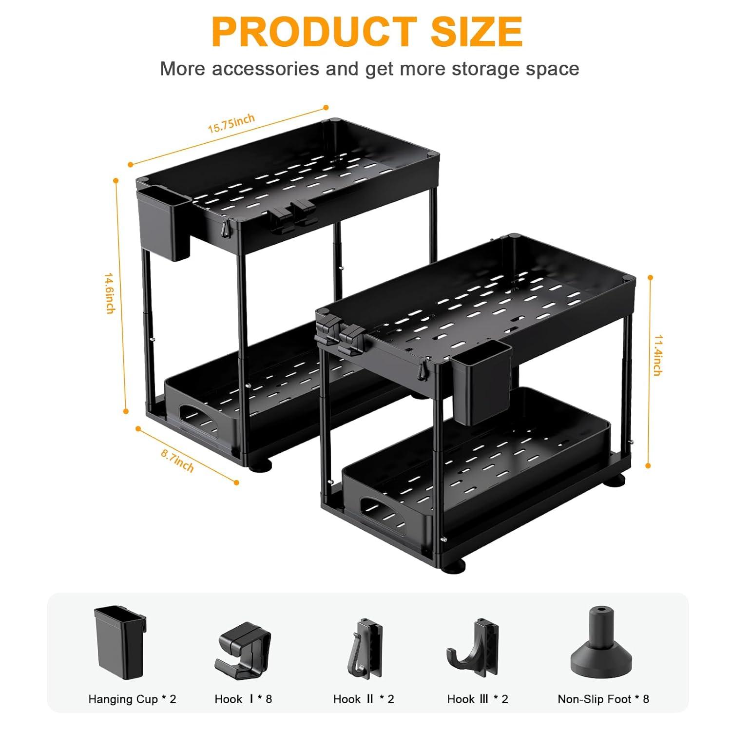 Rebrilliant Under Sink Organizers And Storage, 2 Pack Height Adjustable Bathroom Cabinet Organizer, 2 Tier Sliding Under Sink Organizer, Sturdy Pull Out Bathroom Storage, With 12 Hooks & Hanging Cups, Black